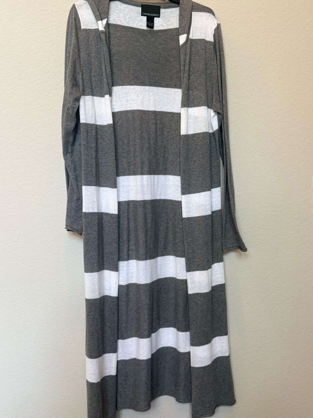 Charming Charlie Gray & White Striped Long Duster Cardigan